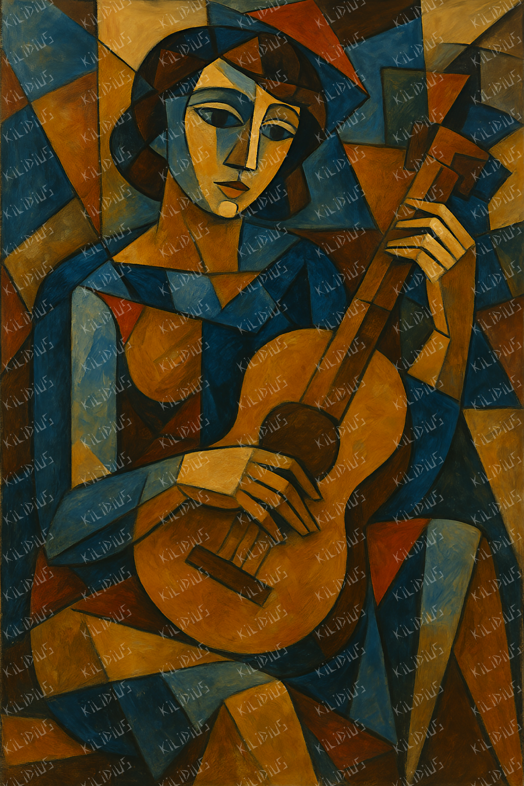 Aion - Retrato Cubista de Mulher com Violão, Arte Digital Inspirada em Picasso, Estilo Geométrico e Moderno