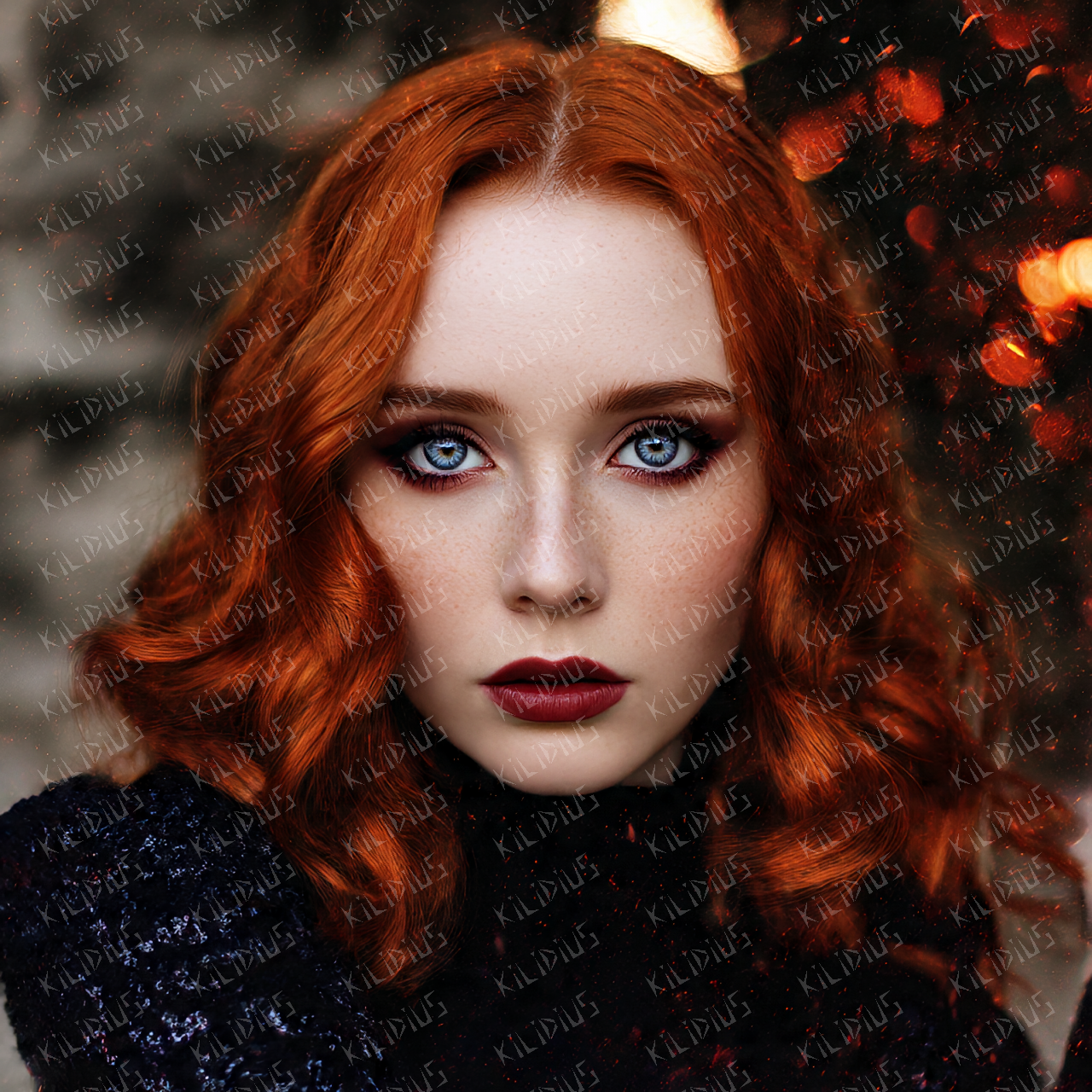 Alya - Retrato Mágico de Mulher Ruiva com Olhos Azuis, Beleza Fantástica, Maquiagem Dramática e Atmosfera Sobrenatural