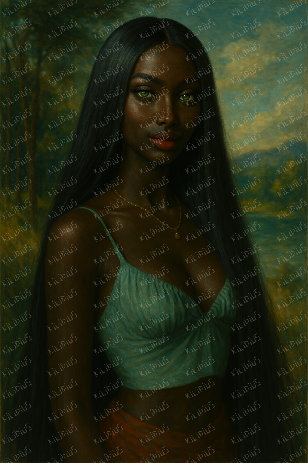 Amara- Retrato Artístico de Mulher Negra com Cabelos Longos e Olhos Verdes, Estilo Pintura Clássica com Fundo Natural