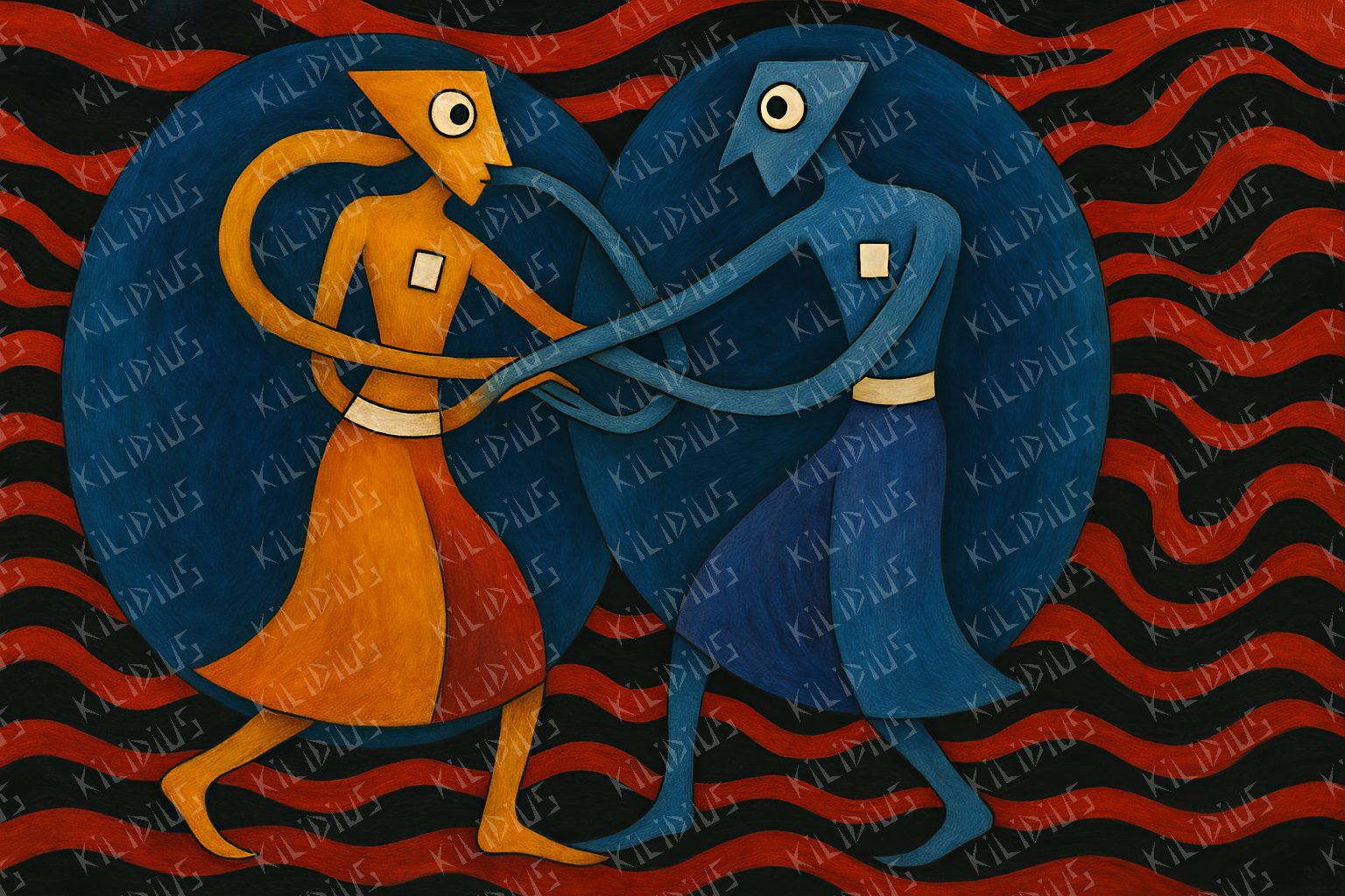 Celis - Arte Abstrata Simbólica: Dois Seres em Dança — Conexão, Dualidade e Harmonia em Fundo de Ondas Vermelhas