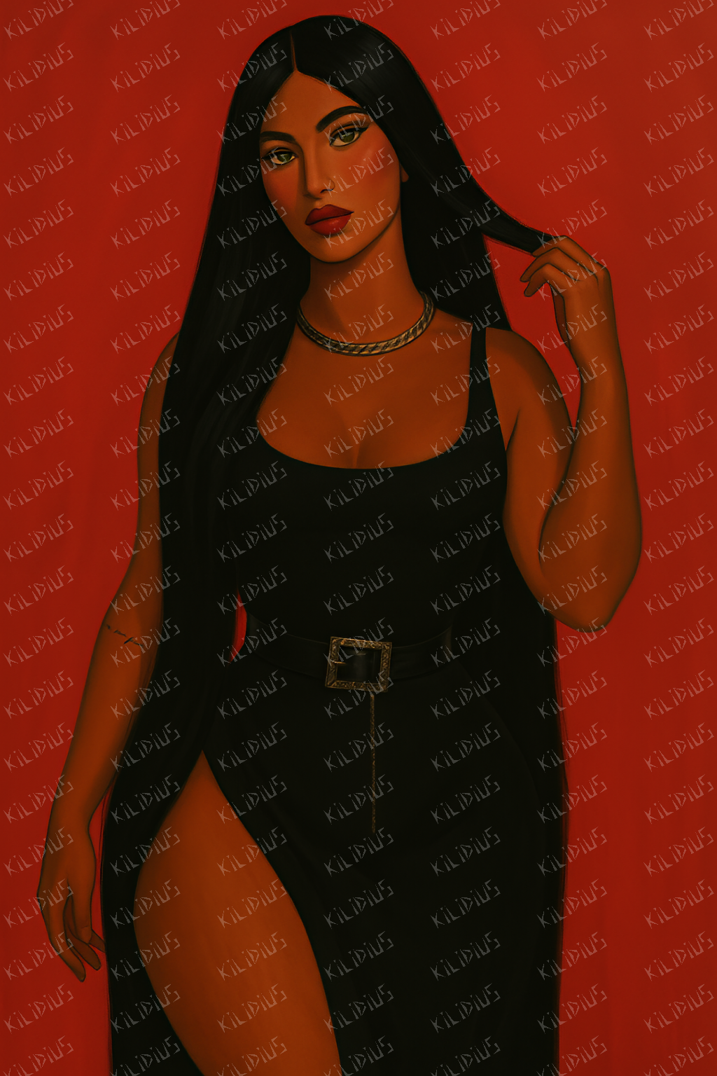Chiara - Retrato Estilizado de Mulher Elegante em Vestido Preto com Fenda, Fundo Vermelho Intenso