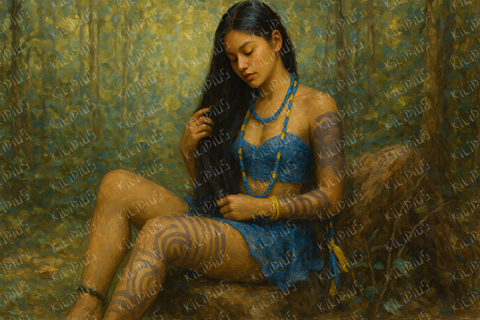 Coda - Mulher Tribal em Floresta Dourada, Retrato Artístico com Tatuagens e Beleza Natural, Estilo Pintura Romântica