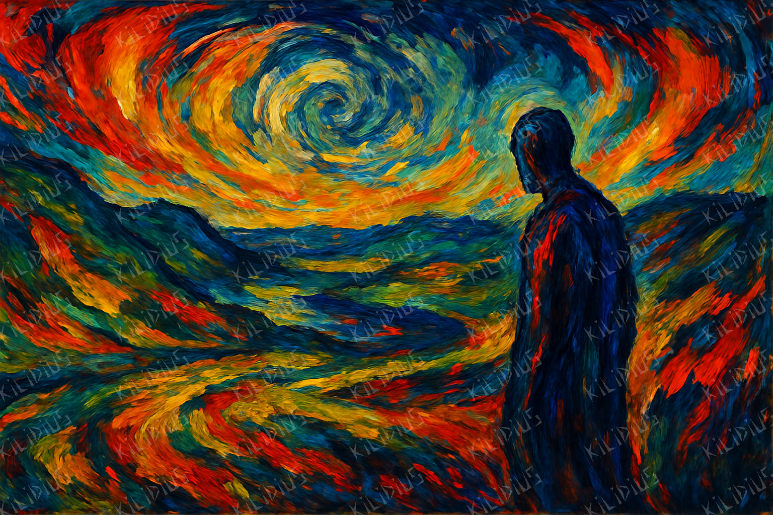 Eladis - Figura Solitária Diante de Céu Turbulento em Estilo Expressionista, Arte Digital Emocional e Dramática