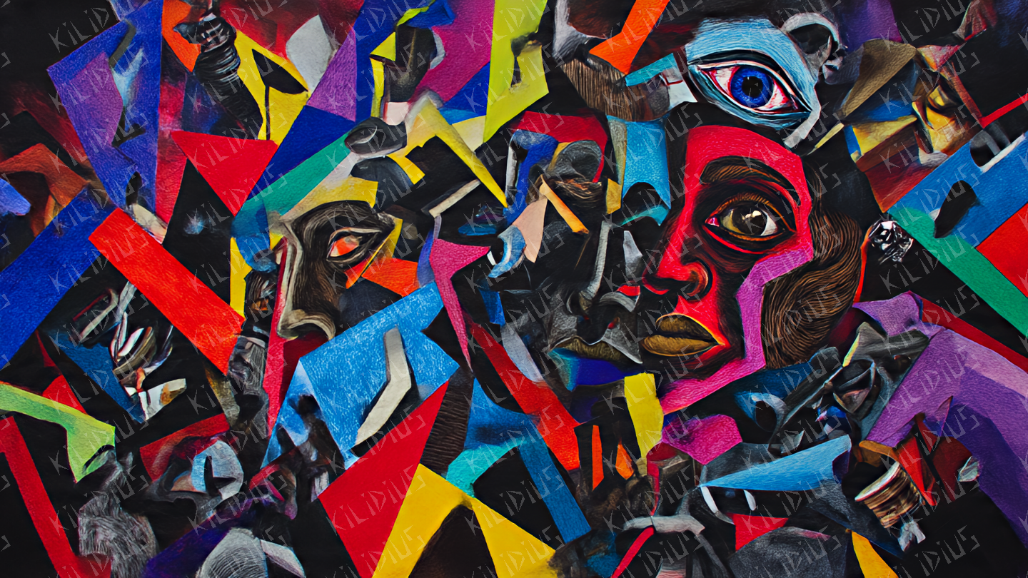 Faces -  Caos Emocional em Formas Geométricas, Arte Digital Expressionista sobre Identidade Fragmentada e Conflito Interno