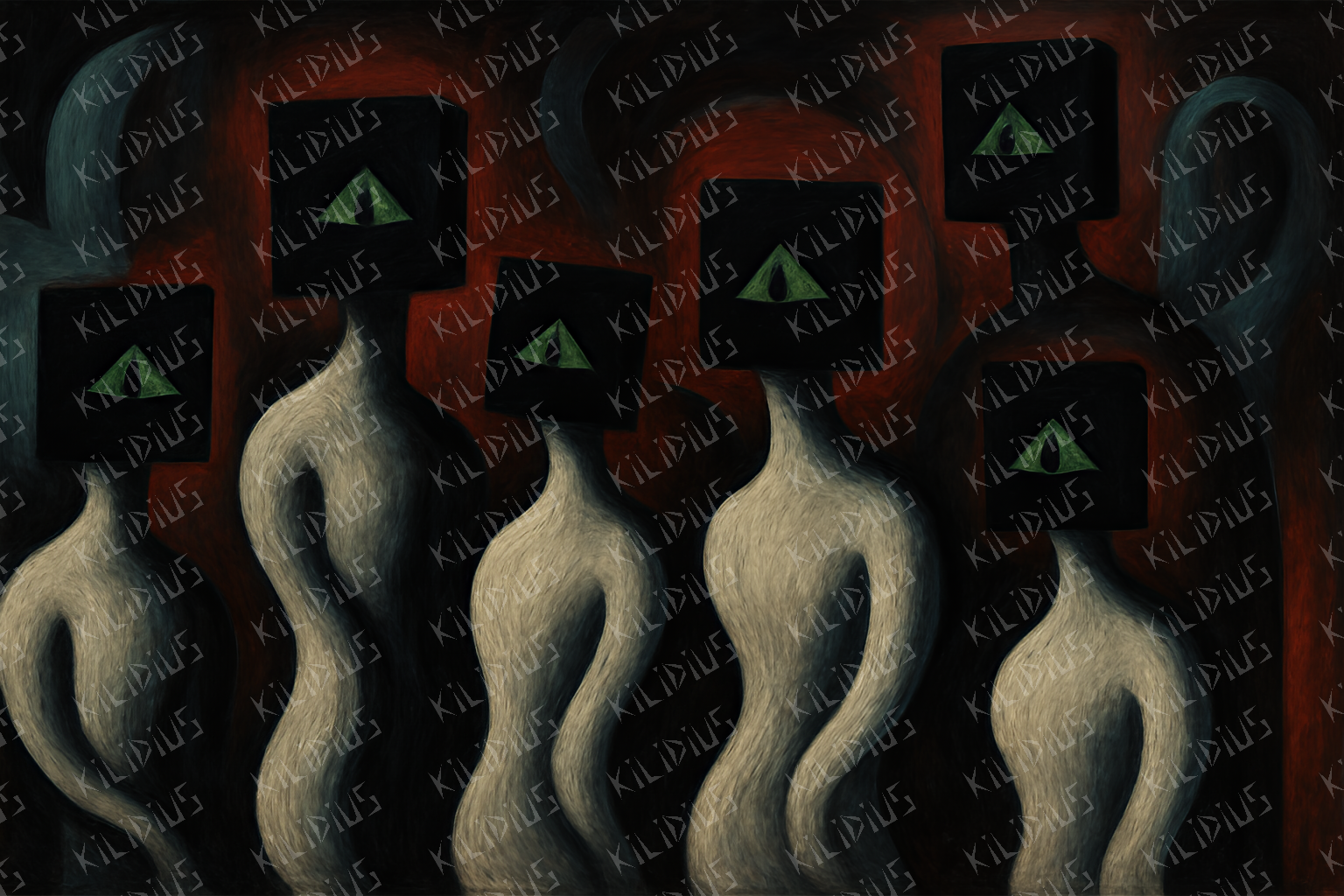 Fale -  Figuras Anônimas com Olhos Triangulares em Cenário Sombrio, Arte Digital Simbólica sobre Vigilância e Conformidade