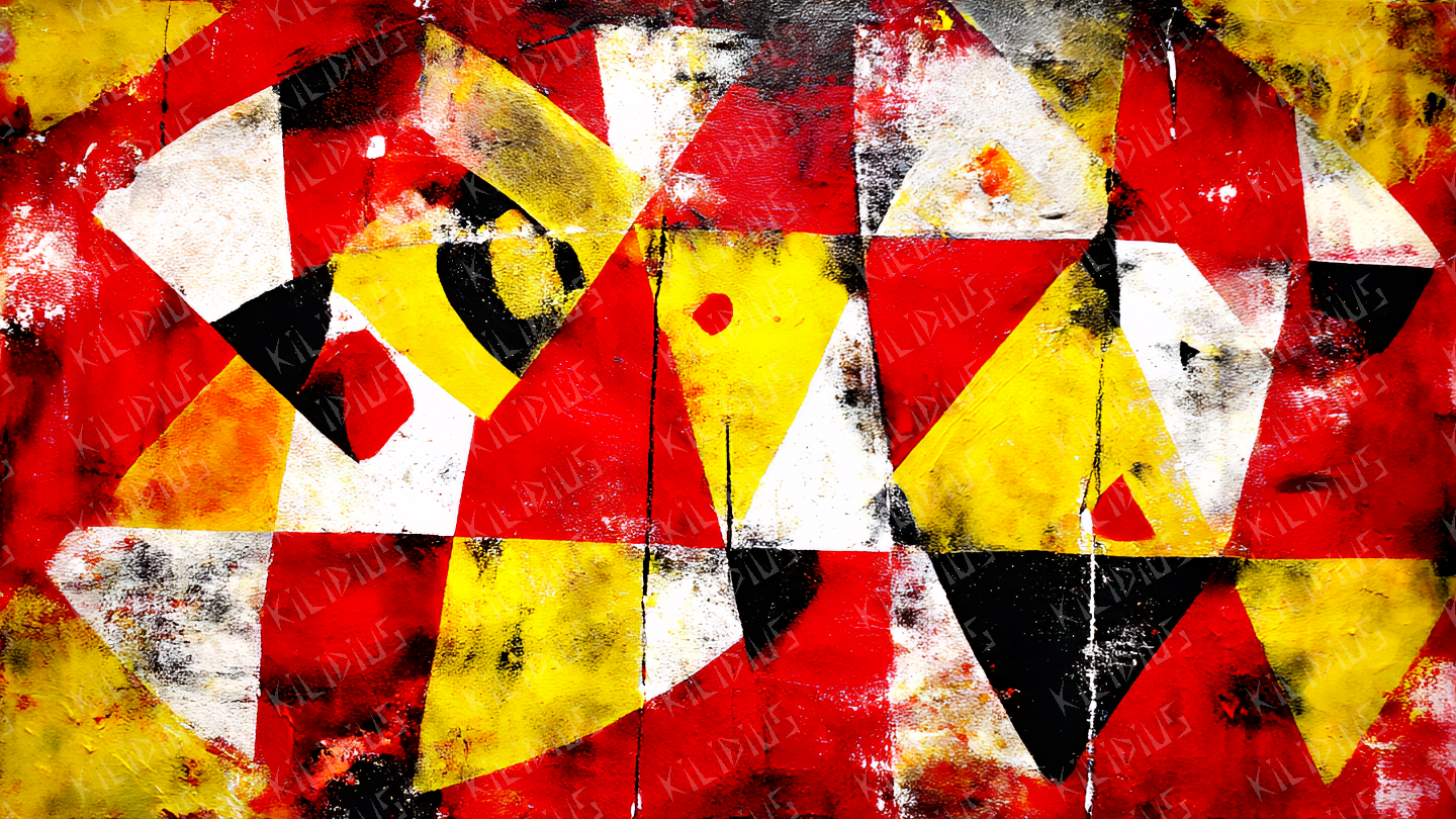 Goni -  Abstração Geométrica em Vermelho, Amarelo e Preto, Arte Digital sobre Energia, Caos e Criatividade
