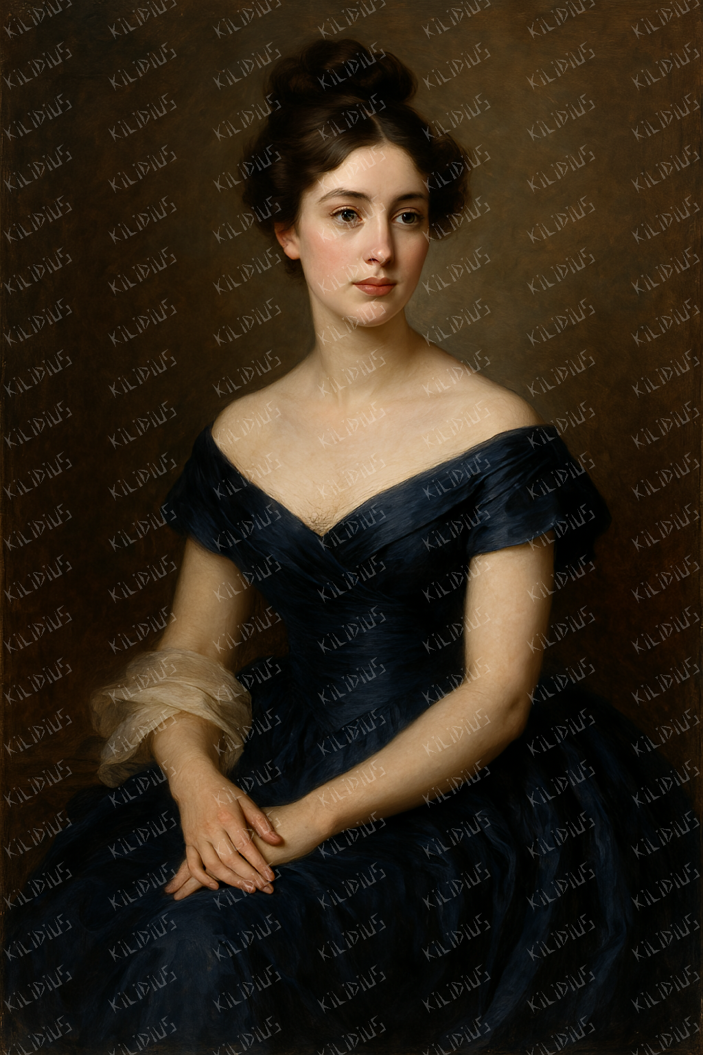 Heidi -  Retrato Clássico de Mulher Elegante em Vestido Azul-Marinho, Arte Digital no Estilo Neoclássico do Século XIX