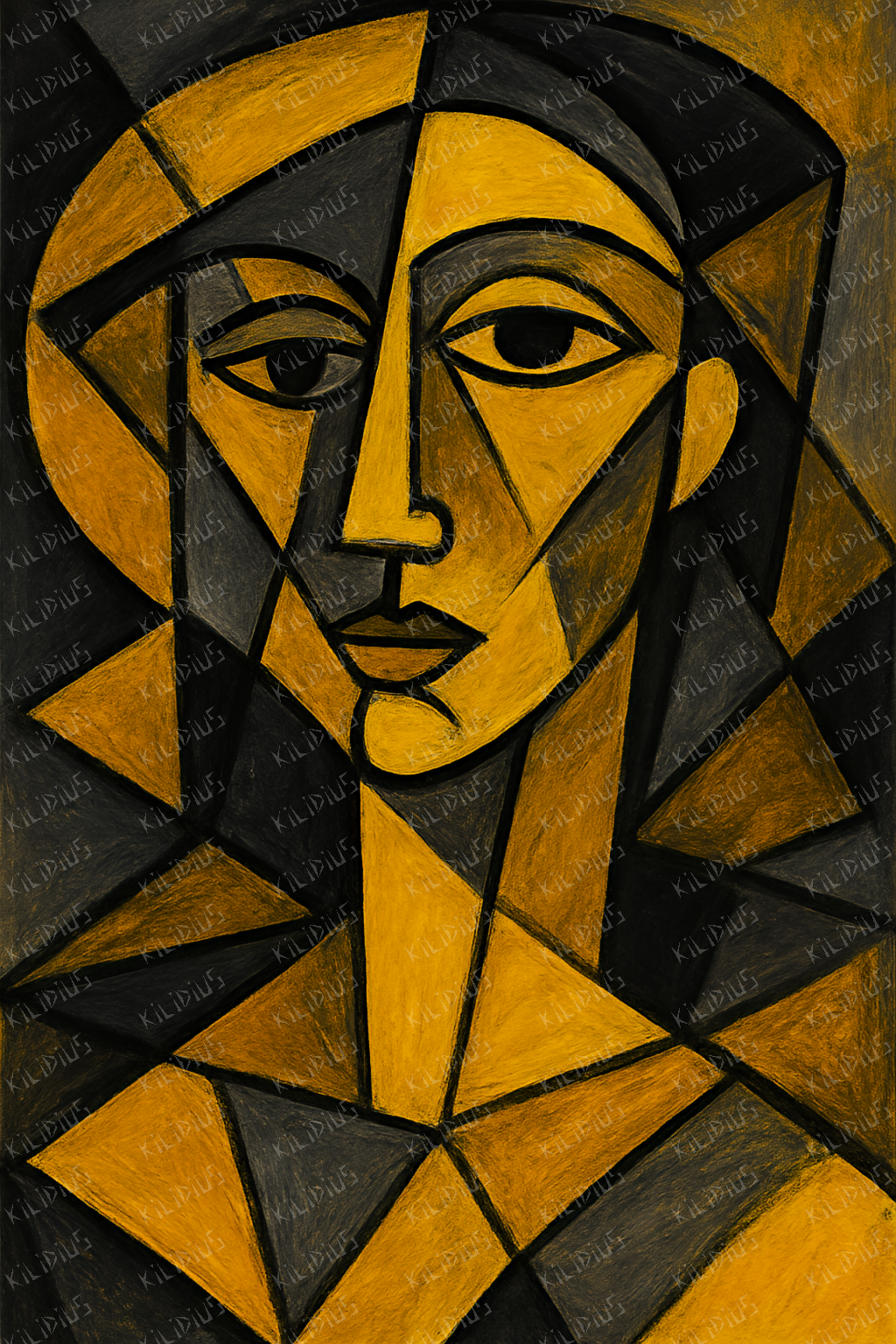 Hilus -  Retrato Cubista Estilizado em Tons de Ouro e Preto, Arte Abstrata Geométrica com Expressão Emocional Intensa e Composição Fragmentada
