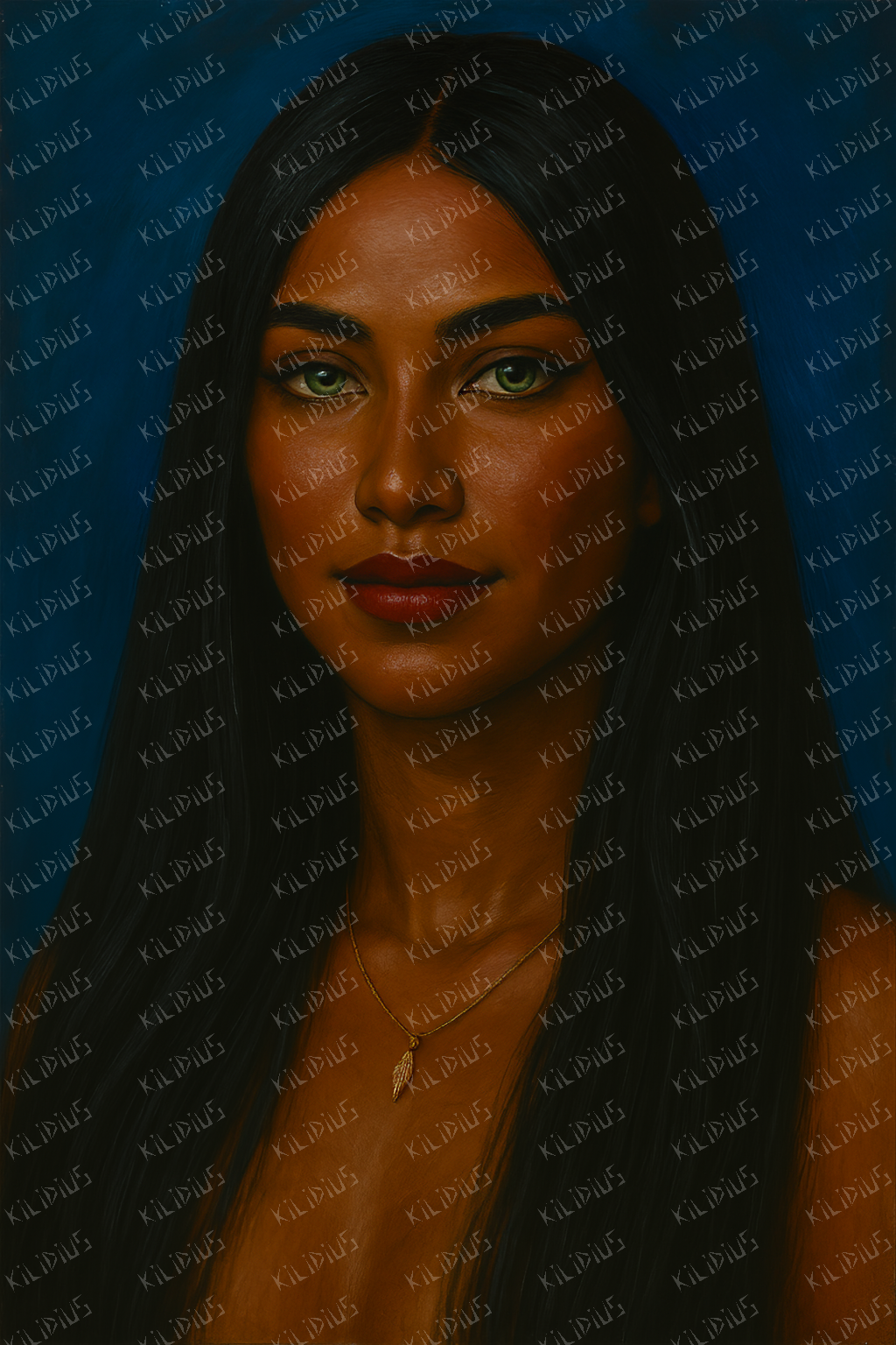 Kieza -  Retrato Artístico de Mulher com Pele Morena e Olhos Verdes, Estilo Pintura a Óleo sobre Fundo Azul Profundo