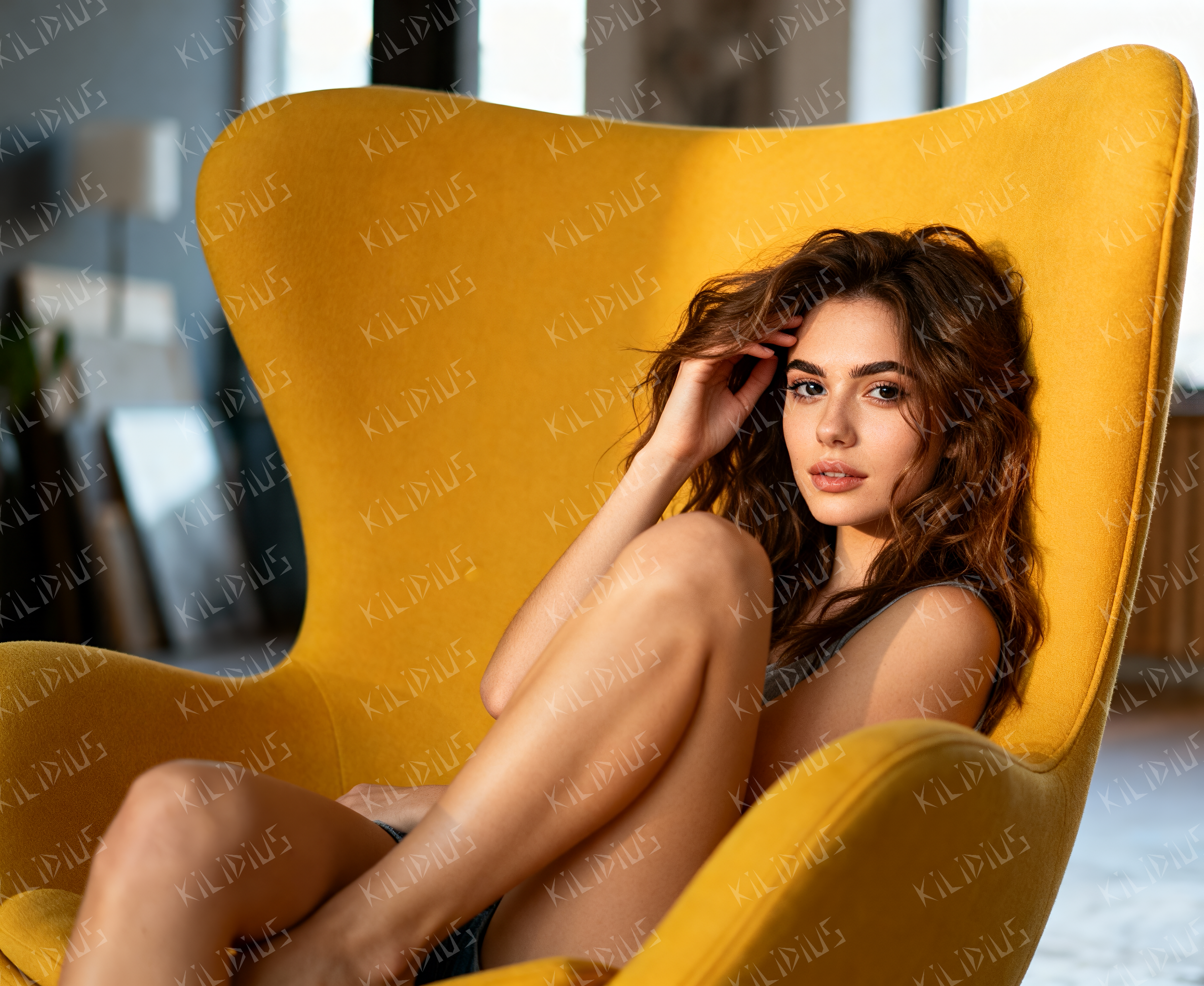 Litia -  Retrato de Beleza Natural em Poltrona Amarela, Elegância Contemporânea, Calma e Estilo de Vida Moderno