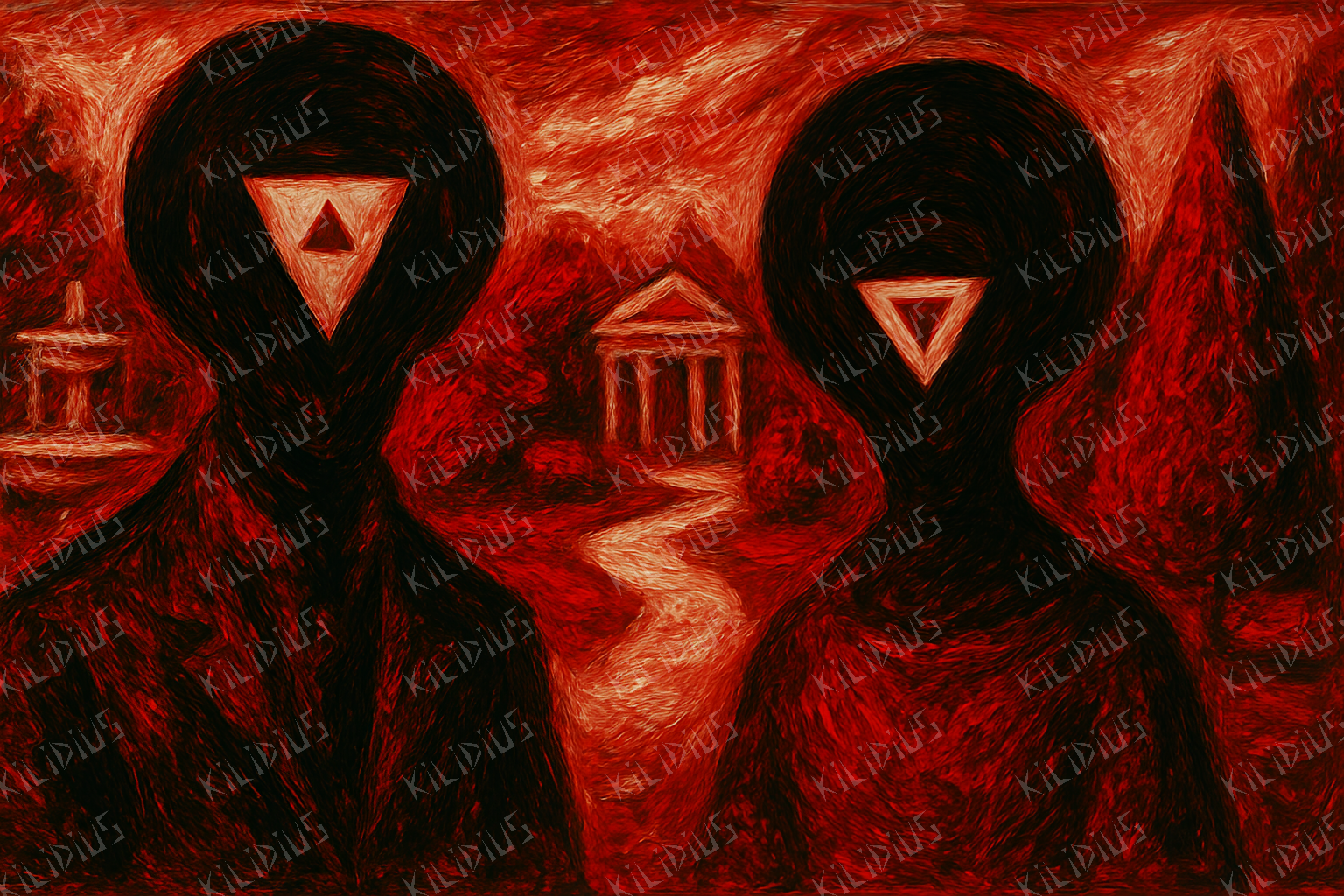 Pristis - Figuras Misteriosas com Olhos Triangulares em Cenário Sombrio,  Arte Digital de Atmosfera Oculta e Simbólica