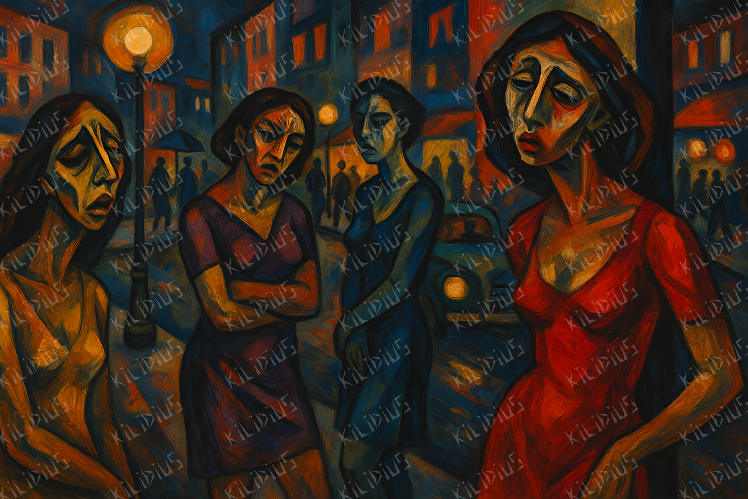 Prusdi -  Mulheres em Angústia Urbana, Arte Expressionista sobre Solidão, Melancolia e Sofrimento Emocional na Cidade Noturna
