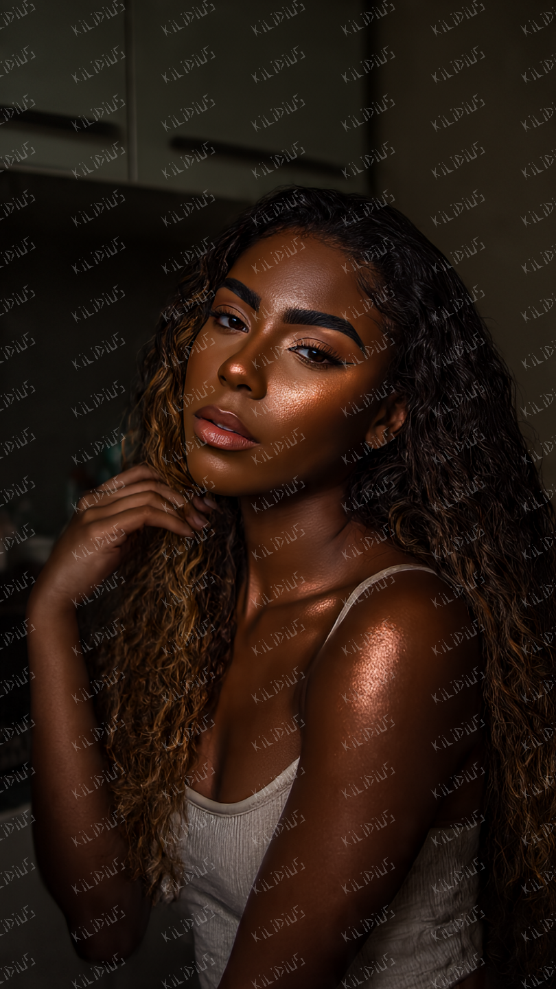 Rania -  Retrato Sensual de Mulher Negra com Pele Radiante, Beleza Natural, Empoderamento e Maquiagem Sofisticada