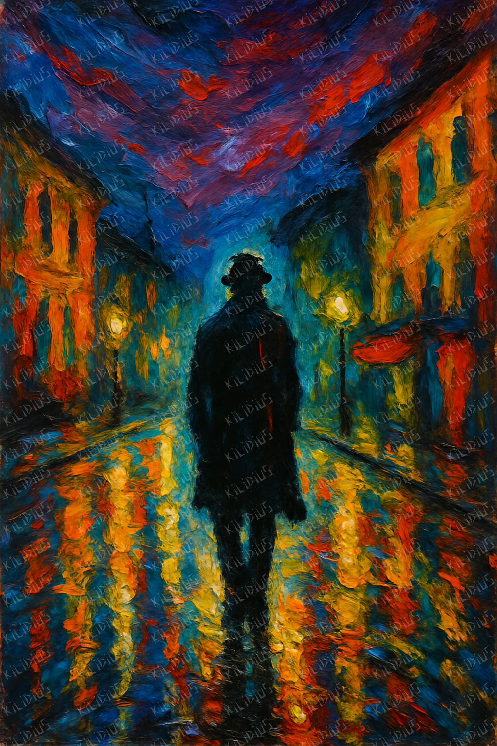 Rusti -  Figura Solitária Caminhando por Rua Noturna em Estilo Expressionista, Arte Digital com Atmosfera Melancólica e Vibrante