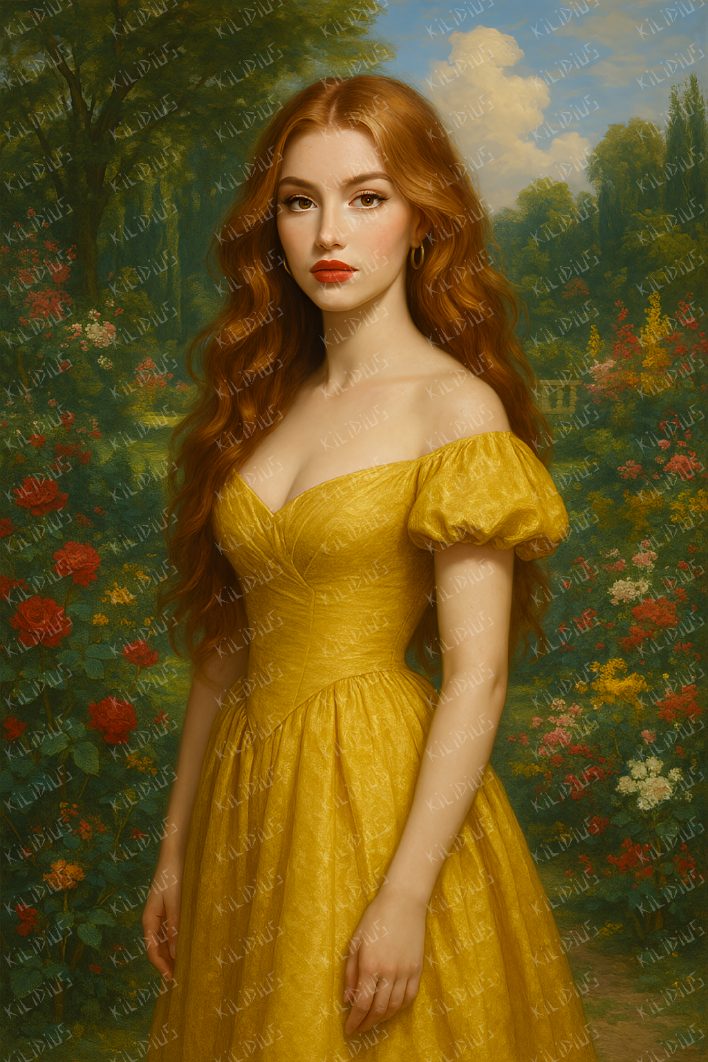 Scarlet -  Retrato Clássico de Mulher com Cabelos Ruivos em Vestido Dourado, Estilo Pintura Romântica em Jardim Florido