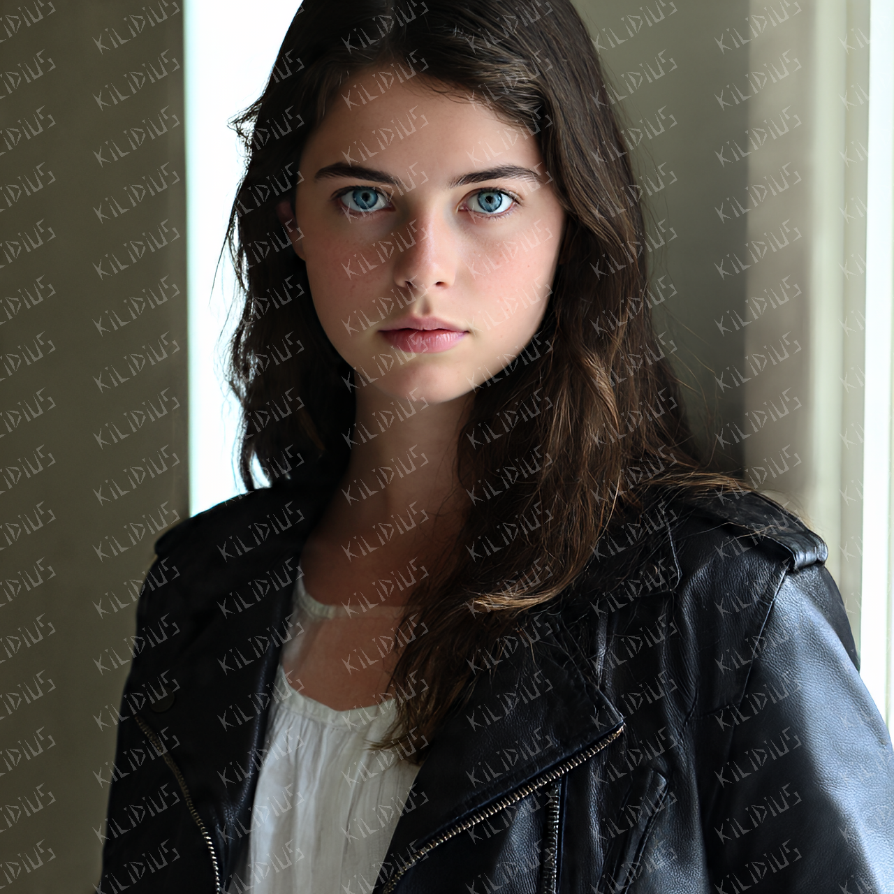 Sila -  Retrato Natural de Jovem com Olhos Azuis e Jaqueta de Couro, Beleza Urbana, Elegância Casual e Confiança