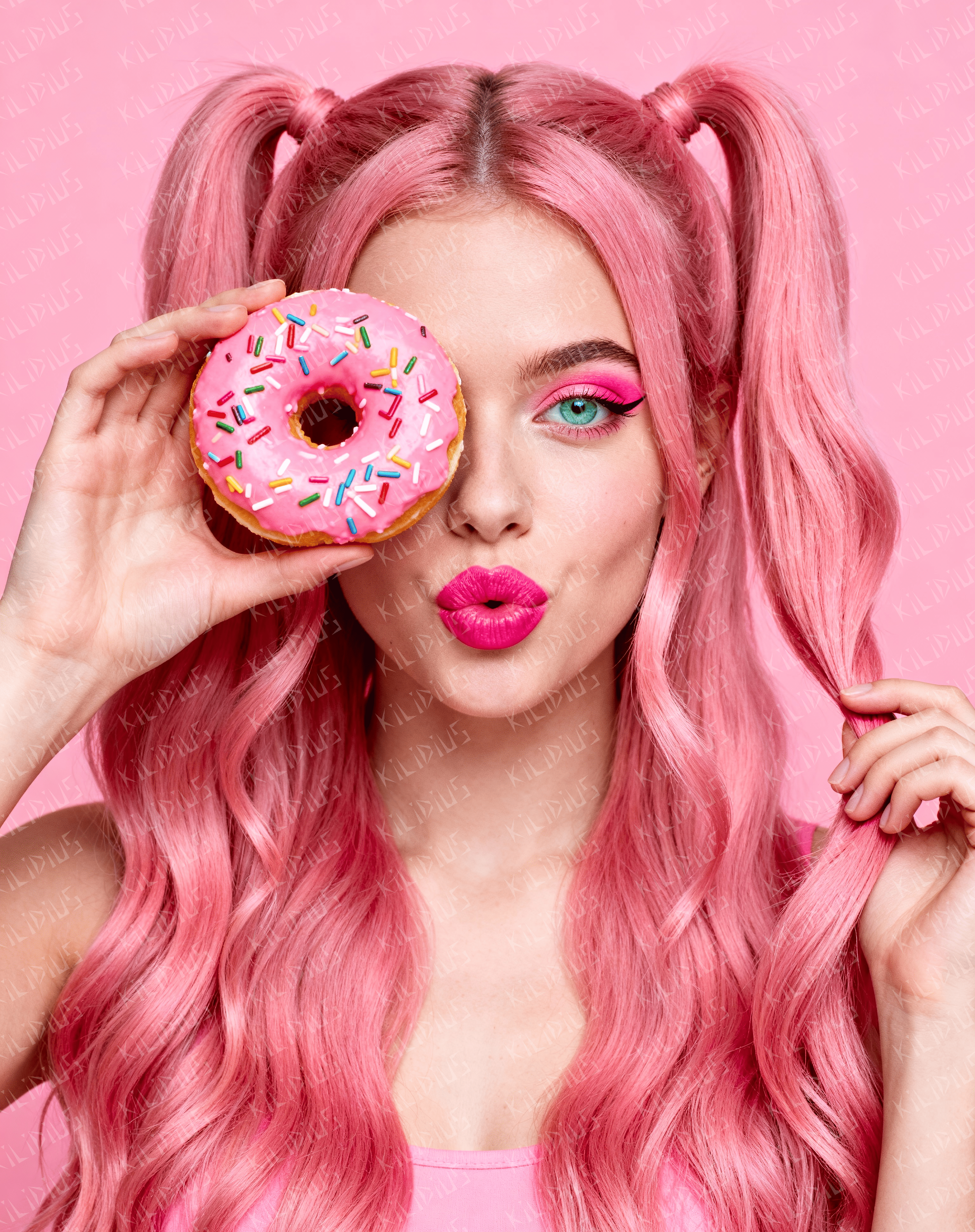 Sweet -  Mulher com Cabelos Rosa e Donut, Beleza Divertida, Estilo Pop e Fantasia Colorida