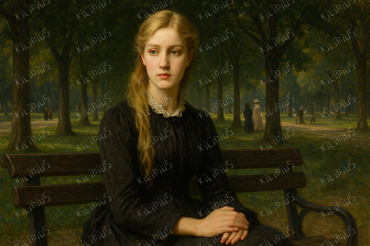 Tala -  Retrato Melancólico de Jovem em Parque, Arte Digital no Estilo Acadêmico do Século XIX, Tema Solidão e Reflexão