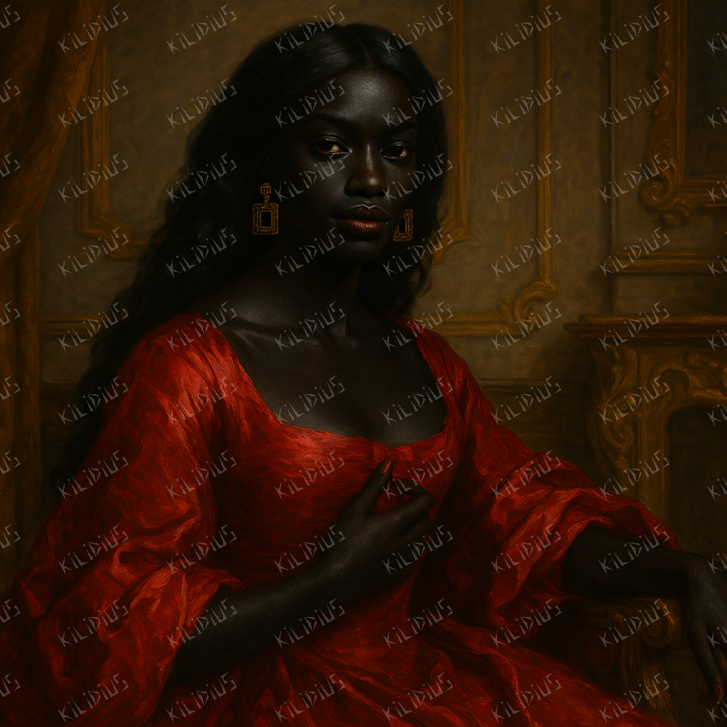 Talissa - Retrato Clássico de Mulher Negra em Vestido Vermelho, Arte Digital com Estilo Barroco e Empoderamento Afro