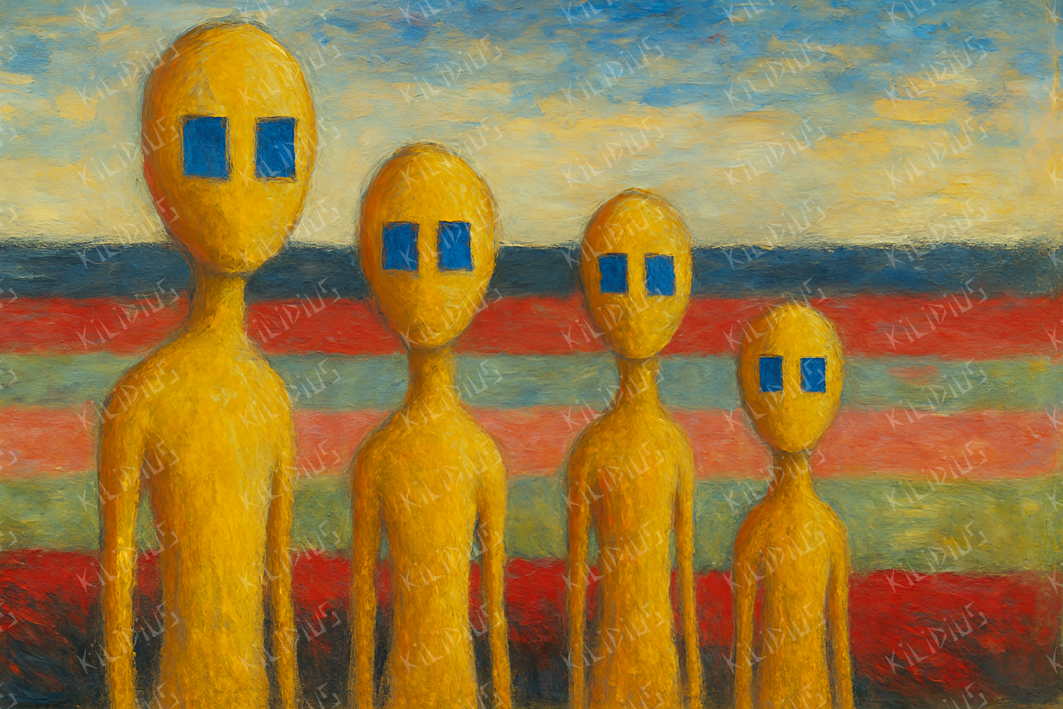 Trasquis - Figuras Amarelas com Olhos Azuis em Cenário Abstrato, Arte Digital Simbólica sobre Conformidade e Solidão Coletiva