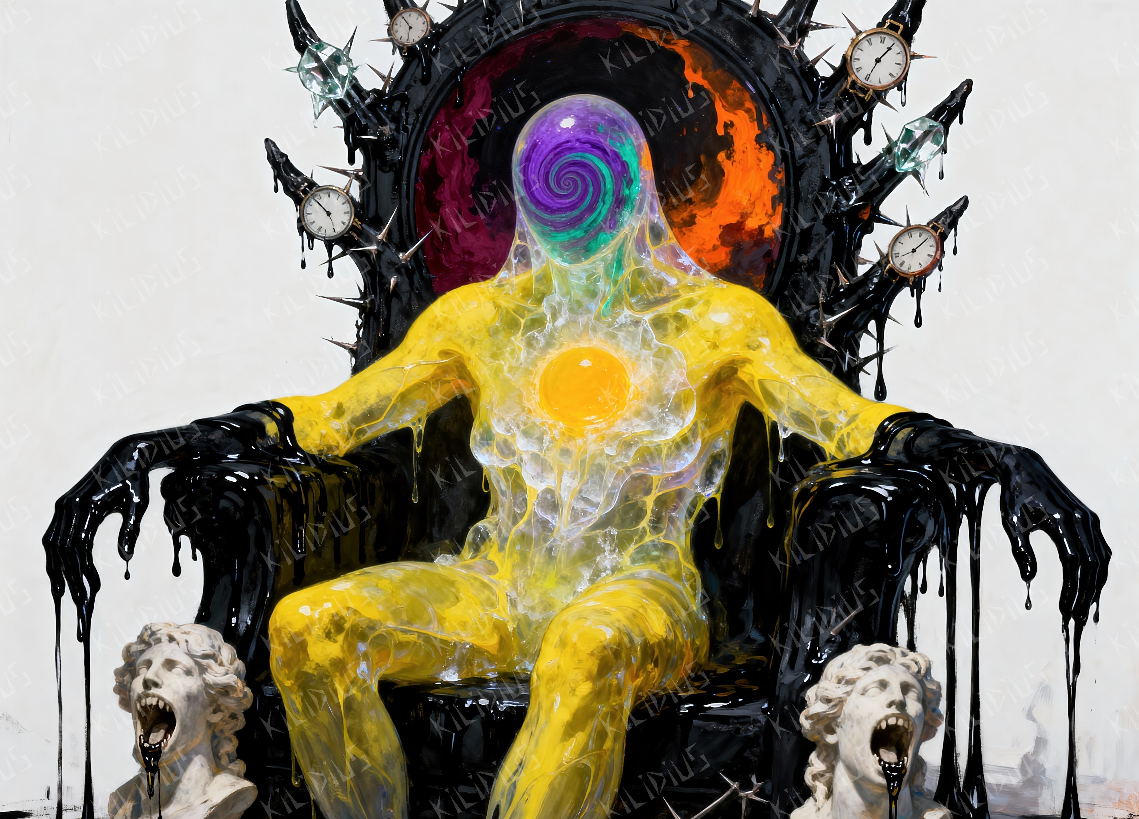 Tuvius - Entidade Cósmica em Trono Negro,  Arte Digital Surrealista sobre Poder, Tempo e Caos Divino