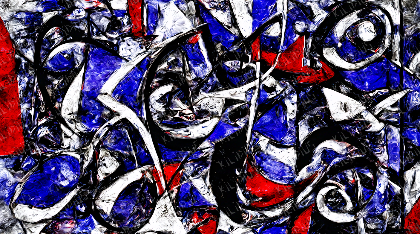 Vidu - Abstração Dinâmica em Azul, Branco e Vermelho,  Arte Digital Expressionista sobre Energia, Caos e Criatividade
